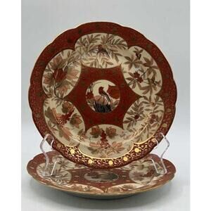 Antique C.F. Boseck Haida Austria Plates Pair Red Gold Scalloped 8" Japanesque